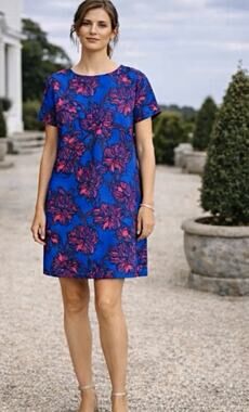 J.CREW Factory Blue Pink Floral Shift Dress Size 4 Short Sleeve Lined Zip Back